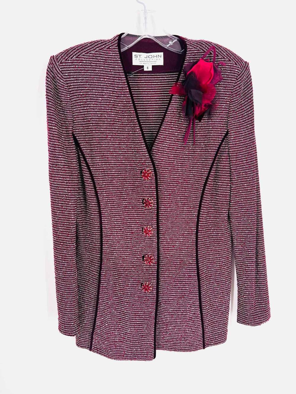 St. John Size 6 Wine/White Applique Tweed Designer Blazer